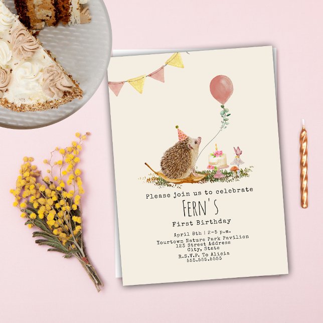 Hedgehog Pink Balloon Forest First Birthday Invitation (Creator Uploaded)
