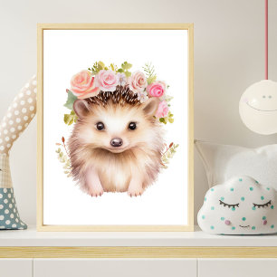 Hedgehog Pink Floral Girl Nursery Print Poster