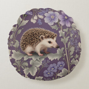Hedgehog Purple William Morris Inspired Floral Round Cushion