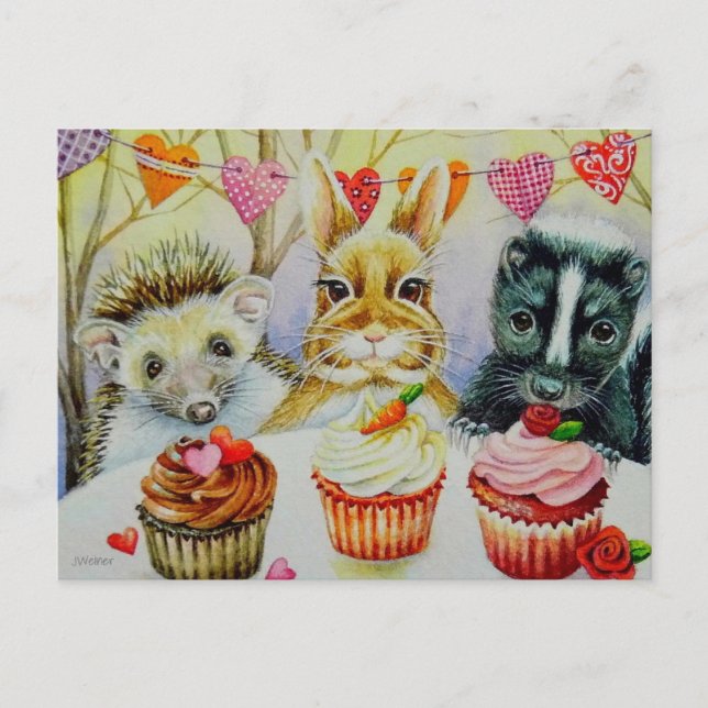 Hedgehog Rabbit Skunk & Cupcakes Watercolor Art Postcard (Front)