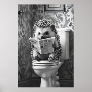 Hedgehog Reading Newspaper on Toilet, Funny Poster