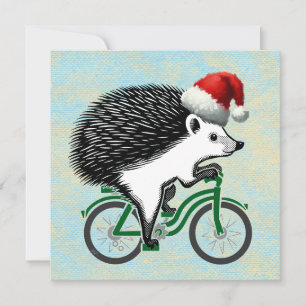 Hedgehog Riding A Bicycle Wearing Santa Hat Holiday Card