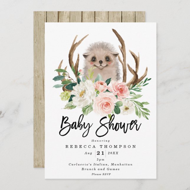 hedgehog rustic floral modern baby shower invitation (Front/Back)