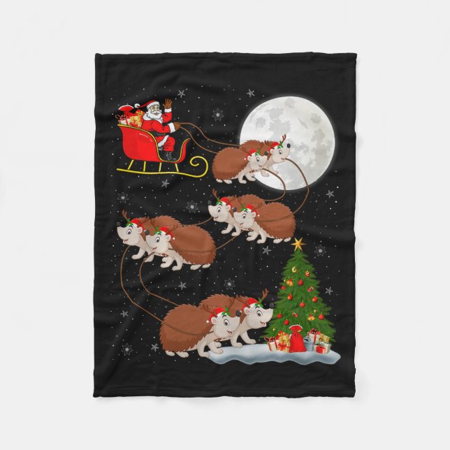 Hedgehog Santa Sleigh Flying Funny Magical Christm Fleece Blanket (Front)