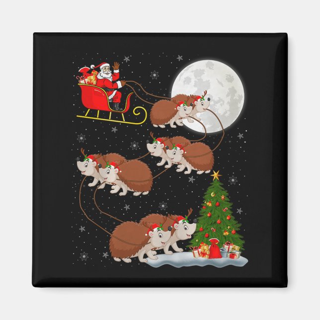 Hedgehog Santa Sleigh Flying Funny Magical Christm Magnet (Front)