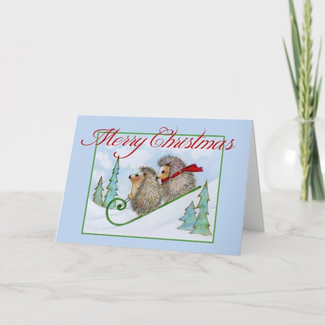 Hedgehog Sled Holiday Card (Front)