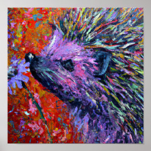 Hedgehog smelling a flower Palette Knife style art Poster