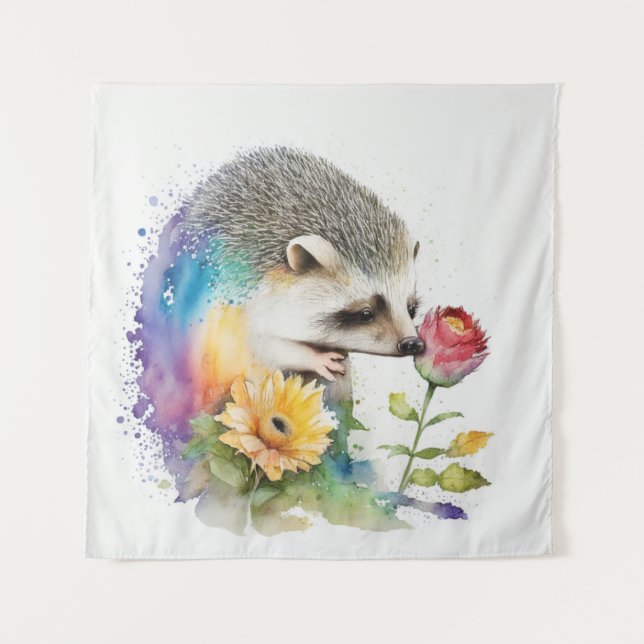 Hedgehog smelling a red rose tapestry (Front)