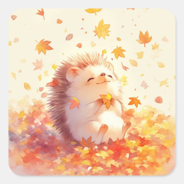 Hedgehog The Joy of Falling Leaves Square Sticker (Front)