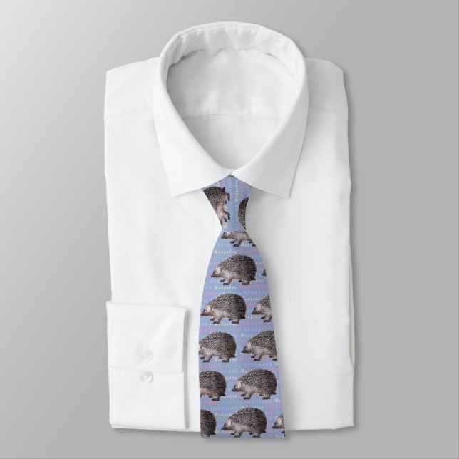 Hedgehog Tie - Blue with Repeated Word Hedgehog (Tied)