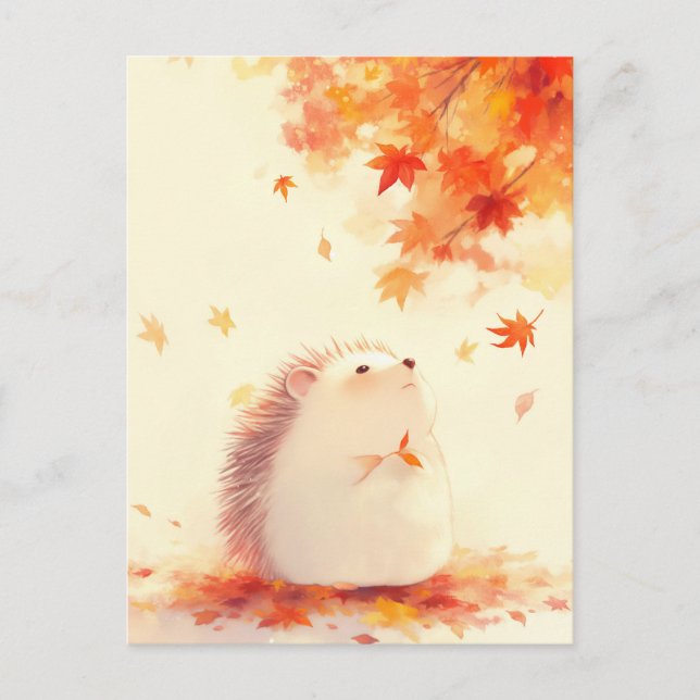 Hedgehog Under Orange Autumn Maple Tree Postcard (Front)
