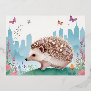 Hedgehog Vintage Animal Nature Environment Decor Foil Holiday Postcard