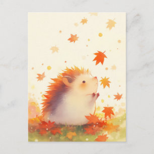 Hedgehog Watching Falling Autumn Maple Leaf Postcard