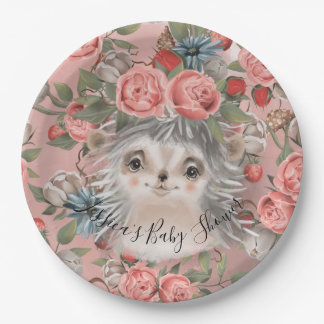Hedgehog Watercolor Coral Floral Girl Baby Shower Paper Plate