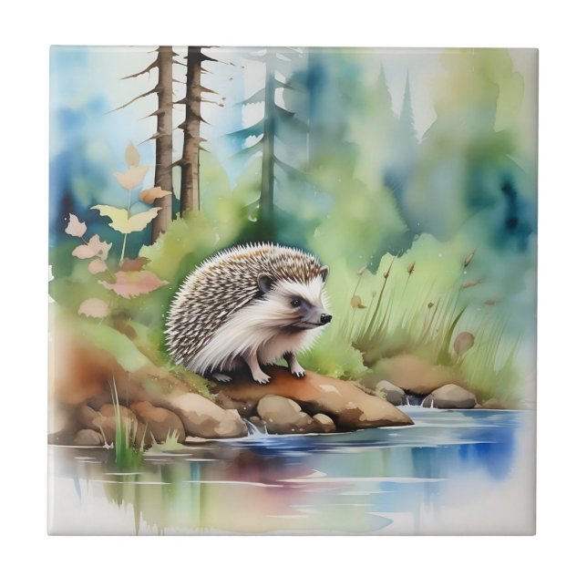 Hedgehog Watercolor Cute Ceramic Tile (Front)