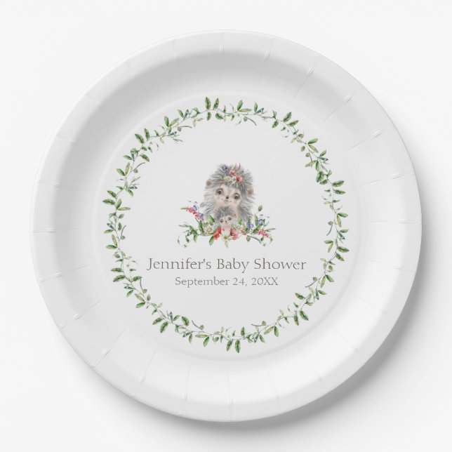 Hedgehog Watercolor Floral Personalised Paper Plate (Front)