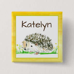 Hedgehog Watercolor Name Tag 15 Cm Square Badge
