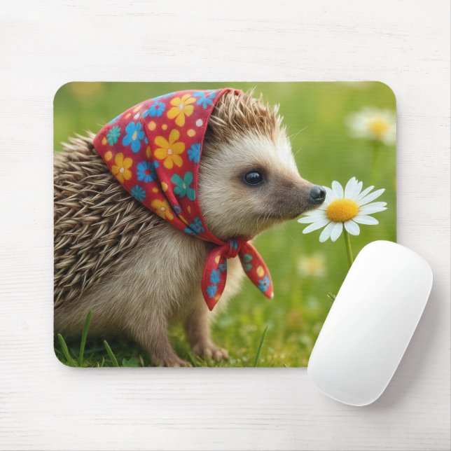 Hedgehog Wearing a Headscarf Sniffing a Daisy Mouse Pad (With Mouse)