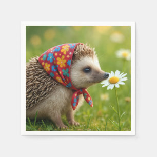 Hedgehog Wearing a Headscarf Sniffing a Daisy Napkin