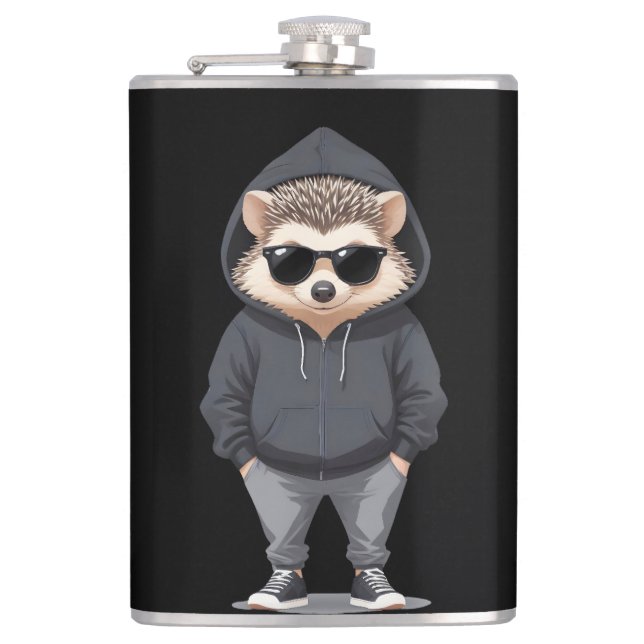 Hedgehog Wearing Hoodie Funny Cool Animal Vector Hip Flask (Front)