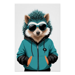Hedgehog Wearing Hoodie Funny Cool Animal Vector Poster