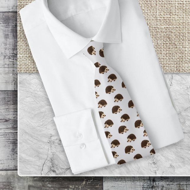 Hedgehog Wildlife Nature Patterned Platinum Grey Tie (A stylish tie for wildlife lovers, with a pattern of cute hedgehogs on a pale silver-gray background)