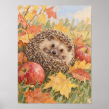 Hedgehog with Autumn Leaves and Apples Woodland Ar