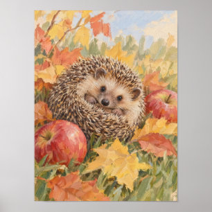 Hedgehog with Autumn Leaves and Apples Woodland Ar Poster