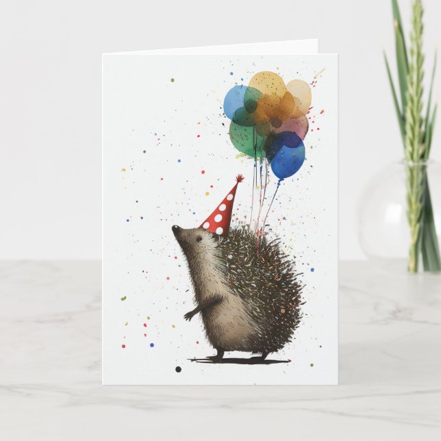 Hedgehog with Balloons Folded Greeting Card (Front)