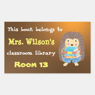 Hedgehog with Books Classroom Library Bookplates Rectangular Sticker