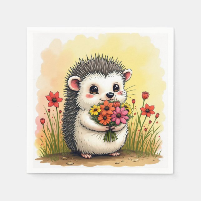 Hedgehog With Flower Bouquet Napkin (Front)