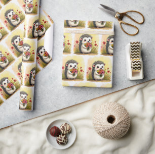 Hedgehog With Flower Bouquet Wrapping Paper