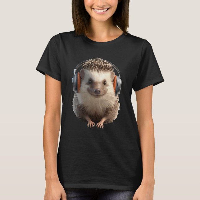 Hedgehog With Headphones Cute Animal  Graphic 1 T-Shirt (Front)