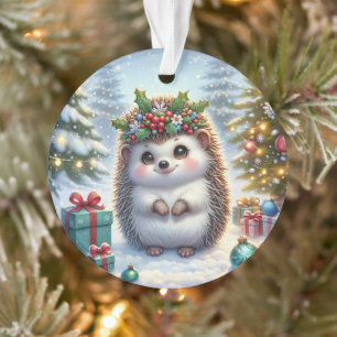 Hedgehog with Holly Wreath & Tree Lights Ornament