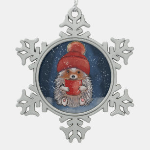 Hedgehog With Hot Drink  Snowflake Pewter Christmas Ornament