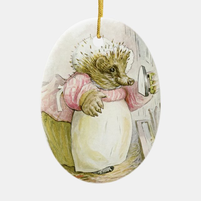Hedgehog with Iron Mrs Tiggy-Winkle Ceramic Tree Decoration (Front)