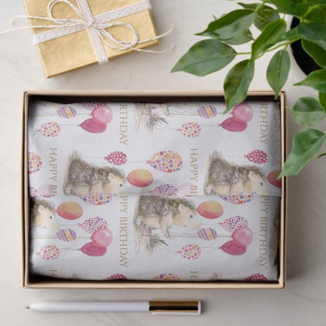 Hedgehog with pink balloons Happy Birthday Tissue Paper (Gift)