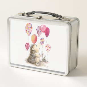 Hedgehog with pink balloons metal lunch box