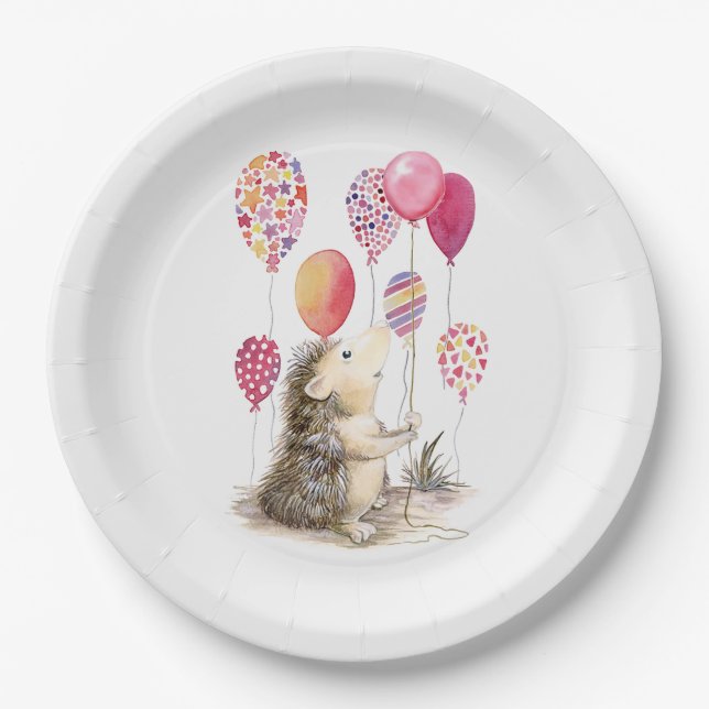 Hedgehog with pink balloons  paper plate (Front)