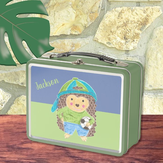 Hedgehog with soccer ball kid name metal lunch box (Creator Uploaded)
