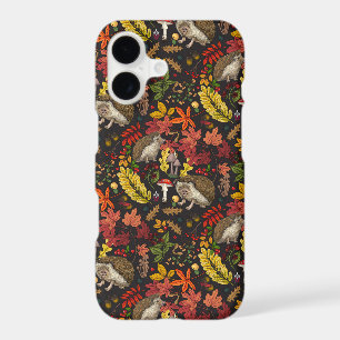 Hedgehogs and autumn forest flora on black