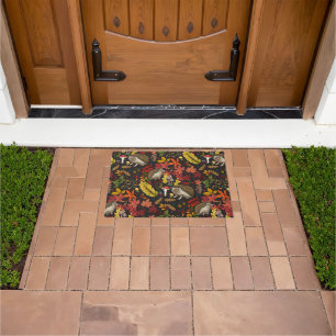 Hedgehogs and autumn forest flora on black doormat