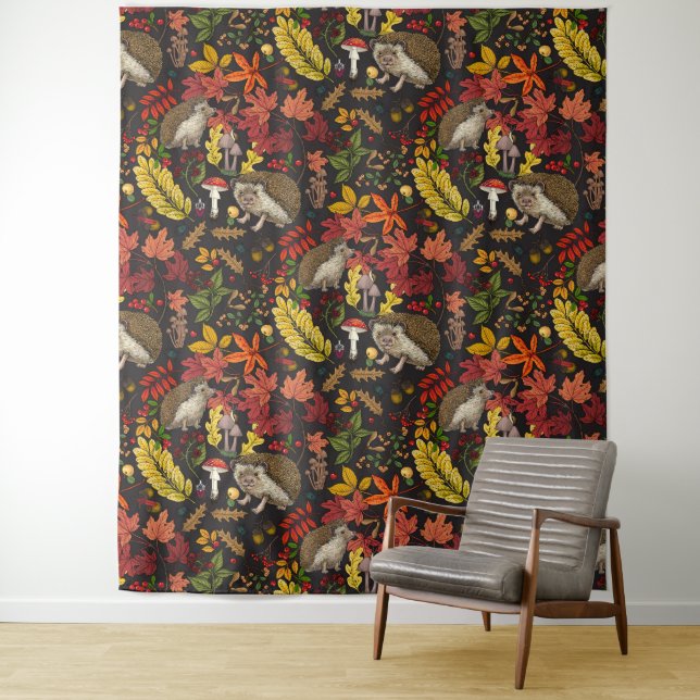 Hedgehogs and autumn forest flora on black tapestry (In Situ)