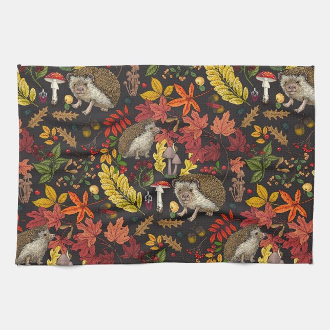 Hedgehogs and autumn forest flora on black tea towel (Horizontal)