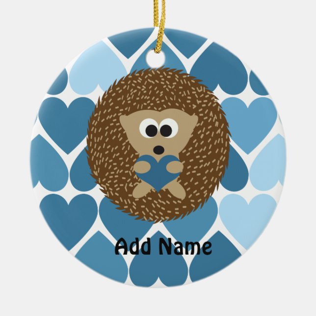 Hedgehogs and Blue Hearts Ceramic Tree Decoration (Front)