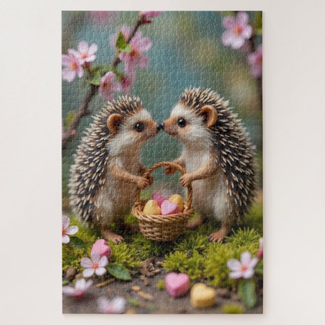 Hedgehogs Carefully Sharing Valentine Hearts Jigsaw Puzzle (Vertical)