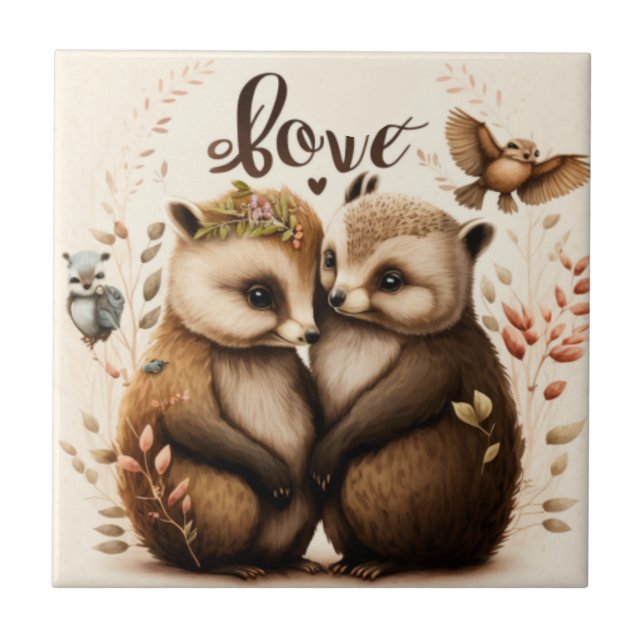  hedgehogs in love        ceramic tile (Front)