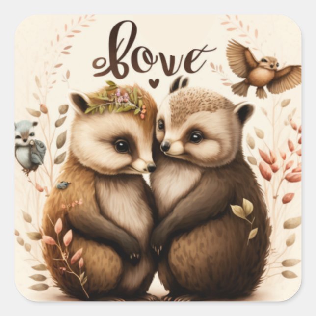  hedgehogs in love square sticker (Front)