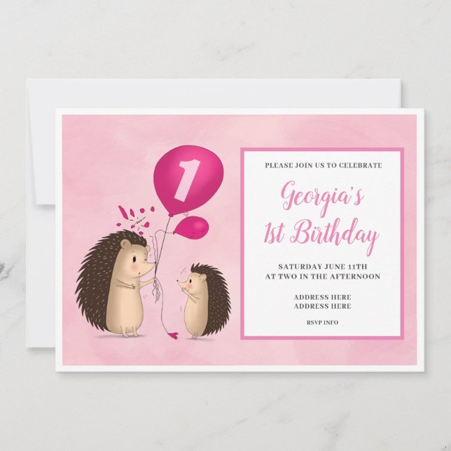 Hedgehogs with Balloon - 1st Birthday - Pink Invitation (Front)