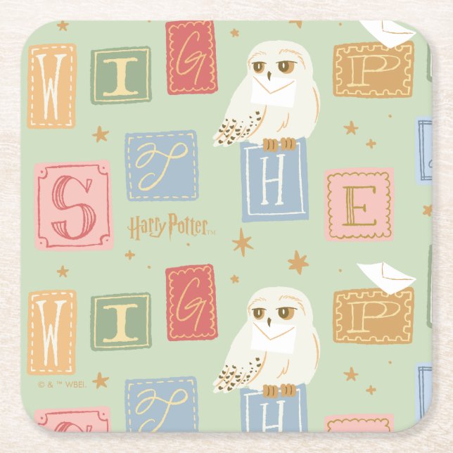 Hedwig Post Letter Block Pattern Square Paper Coaster (Front)